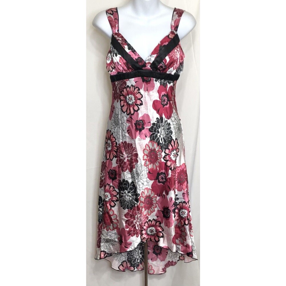 Vintage Byer Silky Sleeveless Surplice Hi Lo Dress 9 Pink Red Satin Floral Midi